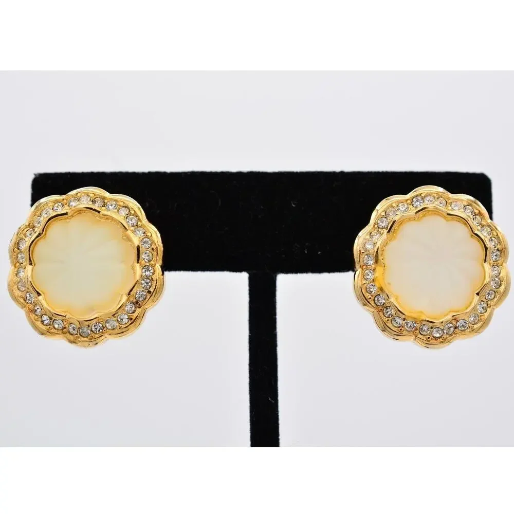 Christian Dior Vintage Clip On Earrings Frosted Glass Crystal Gold Signed BinAB